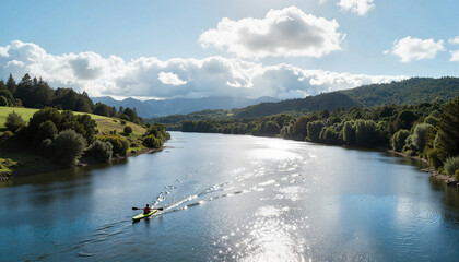 Solitary kayaker paddling on serene Waitangi River, afternoon tranquility