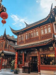 Chinese architecture with intricate wooden carvings, ornate red and gold decorations, and a gracefully curved roof under a bright blue sky