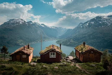Gardinen Rakssetra cabins landscapes over the fjord in norway © STEFANO