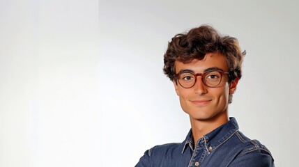 Fototapeta premium Confident young man with glasses in casual portrait. Young and stylish male with eyewear and charming smile. A professional headshot modern look suitable for trend projects.