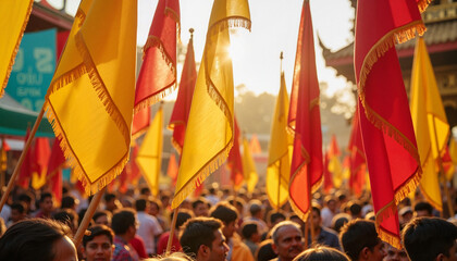 Vibrant Thaipusam festival flags waving in temple crowd, celebration