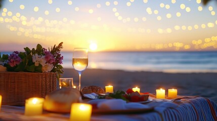 Romantic Beach Dinner with Candlelight and Sunset Over Ocean Waves at Serene Location