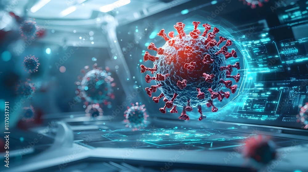 Poster quantum computing integrated with advanced viral analysis tools showcasing a 3d hologram of a virus 