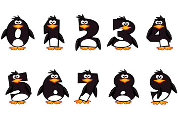 Cartoon numbers like Penguins from 0 to 9. Cute Penguin numbers illustration for birthday party. Calligraphy, lettering, typography for your Education cards, greeting cards or game
