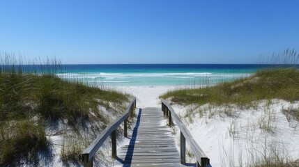 Obraz premium Serene Beach Walkway: Wooden Bridge to Turquoise Waters and White Sands