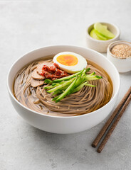 Naengmyeon, Korean cold noodles in a white ceramic bowl. Traditional Asian food, selective focus