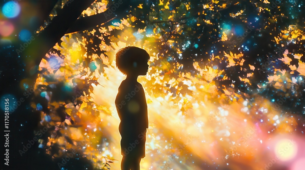 Poster glowing child stands silently in a radiant forest at dusk surrounded by shimmering lights