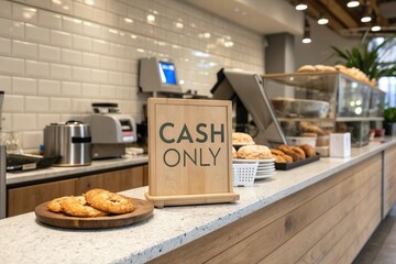 Cash only sign at bakery counter. Business payment policy