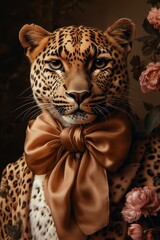 Fototapeta premium leopard wearing a large silky muted mocha brown bow around its neck, Mocha mousse color of the year 2025