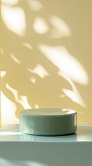 Pale green podium on white surface with sunlight shadows.