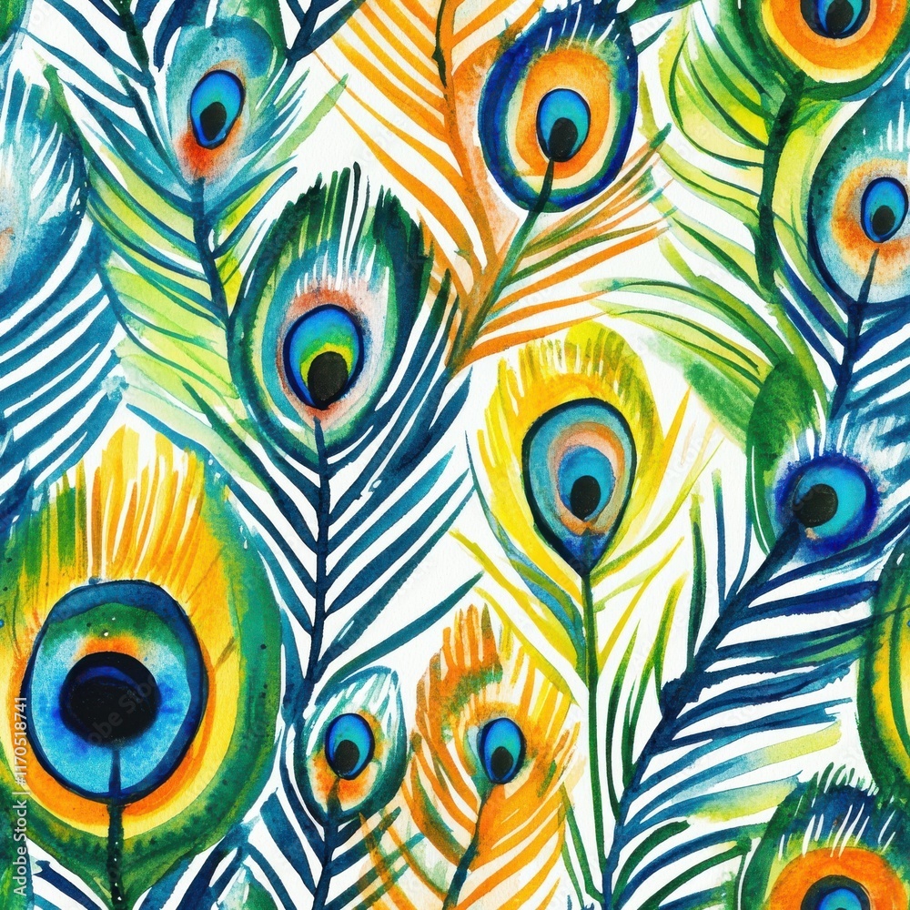 Poster vibrant watercolor doodle of peacock feathers with colorful designs and lively patterns