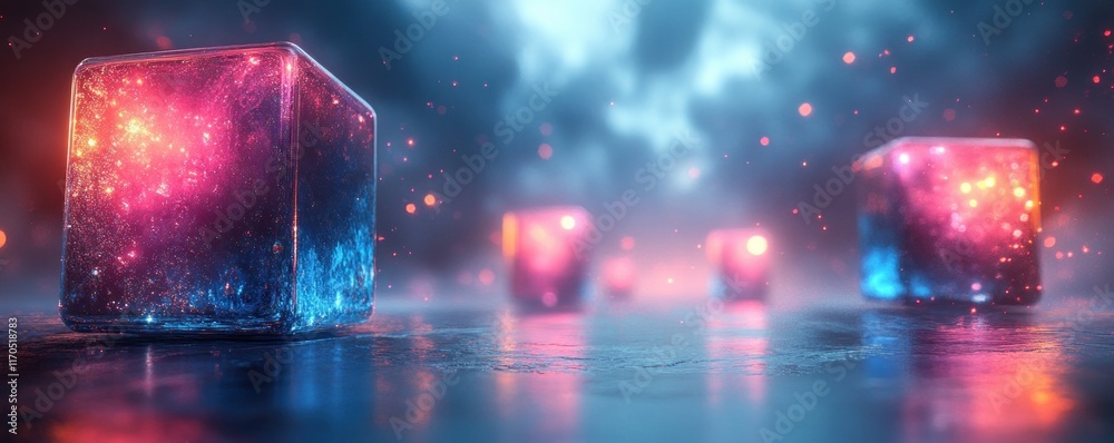 Aufkleber futuristic digital landscape with glowing cubes for ai data transfer communication and technology ba