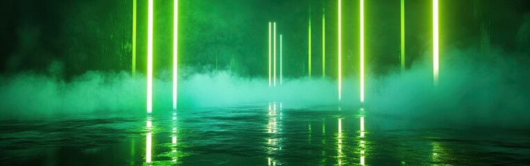 Vibrant green neon lights reflect on a tranquil surface in an enchanting atmosphere during a mysterious night