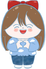 Chibi hand drawn girl making a heart hand