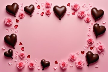 Fototapeta premium A vibrant red roses background with frame scattered rose petals and a romantic heart-shaped design symbolizing love and Valentine's Day celebration