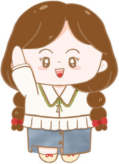 Hand drawn chibi girl with brown pigtails