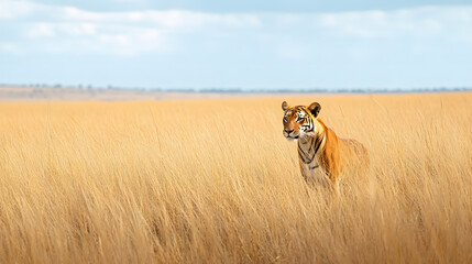A tiger stalking through tall grass, with a savanna landscape as the background, during a dry season afternoon