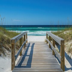 Obraz premium Tranquil Beach Walkway: Wooden Bridge Leading to Serene Ocean