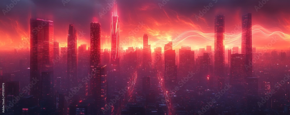 Poster futuristic cityscape background for technology, cyberpunk design, digital archives, neural networks 
