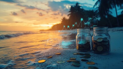 Sunset tranquility on a beach with glass jars full of coins and financial graphs rising beside the shore