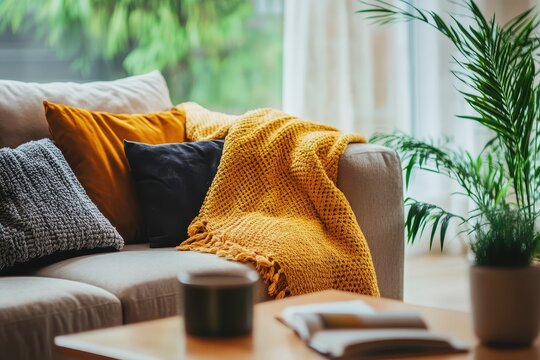 Cozy living room with beige sofa, yellow blanket, and pillows.