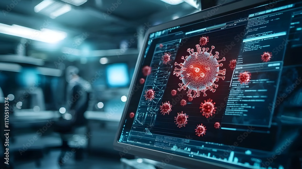 Poster futuristic quantum computing visualization of virus spread modeling and analysis in a high tech rese