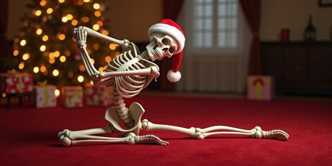 A humorous skeleton wearing a Santa hat stretching in a festive setting, adding a playful twist to holiday decorations and seasonal cheer.