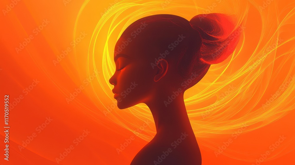 Poster surreal representation of a glowing woman in a vibrant orange setting during twilight