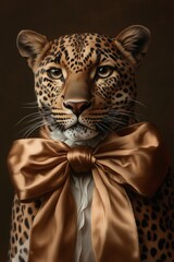 Fototapeta premium leopard wearing a large silky muted mocha brown bow around its neck, Mocha mousse color of the year 2025