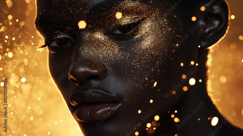 Aufkleber Surreal representation of a model's face adorned with golden glitter and vibrant bokeh lights creating an ethereal atmosphere