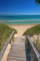 Serene Beach Access: Wooden Walkway to Turquoise Waters and Sandy Shores
