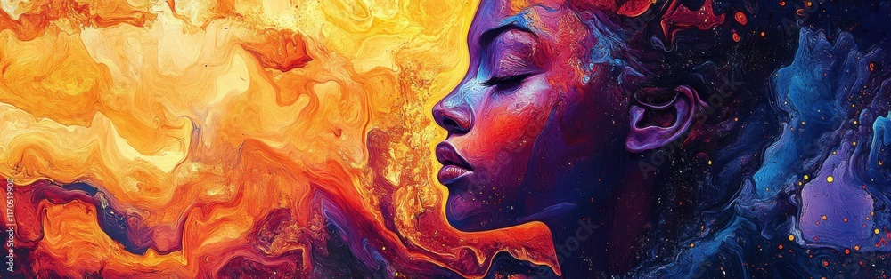 Poster surreal representation of a model's face surrounded by vibrant colors and abstract textures at twili
