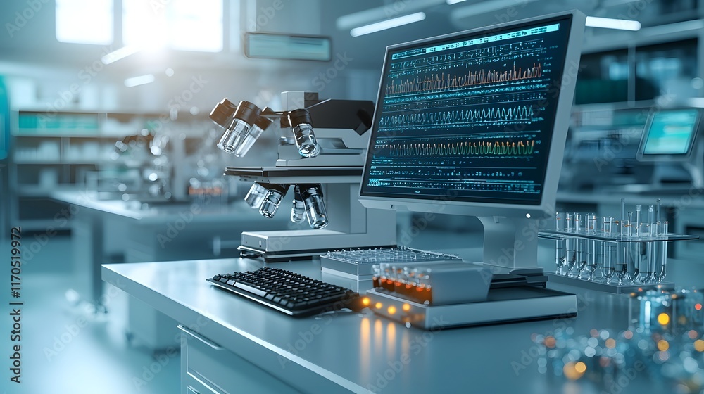  quantum computing systems processing and analyzing complex virology data in a clean futuristic labor