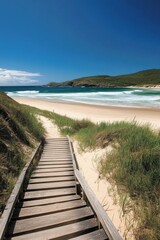 Obraz premium Serene Coastal Wooden Pathway to a Secluded Sandy Beach under a Brilliant Blue Sky