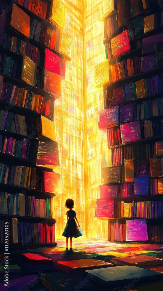 Poster surreal portrait of a glowing child standing in a vibrant library filled with colorful books during 