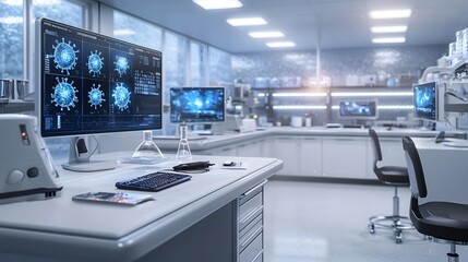 Naklejka premium Biosafety laboratory equipped with advanced quantum computing technology for virus genome analysis