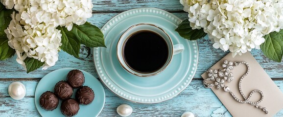 Coffee, chocolates, hydrangeas, and jewelry on a rustic blue table.