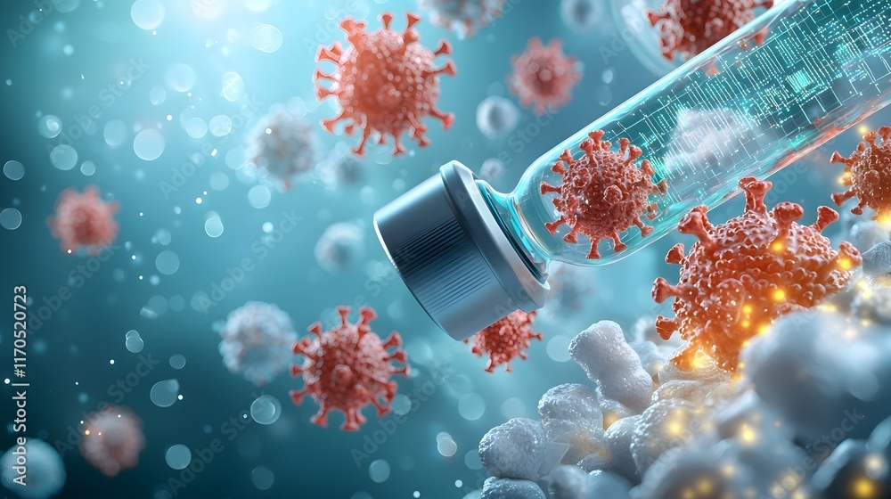 Poster quantum powered viral vaccine research taking place in a futuristic laboratory setting featuring glo
