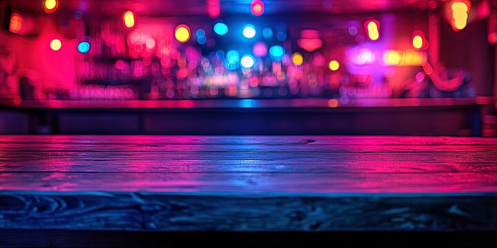 Nightclub bar with vibrant modern ambiance. Colorful nightlife atmosphere evokes party and excitement. Nightlife scene with neon glow and entertainment. Ideal for nightlife music visuals.