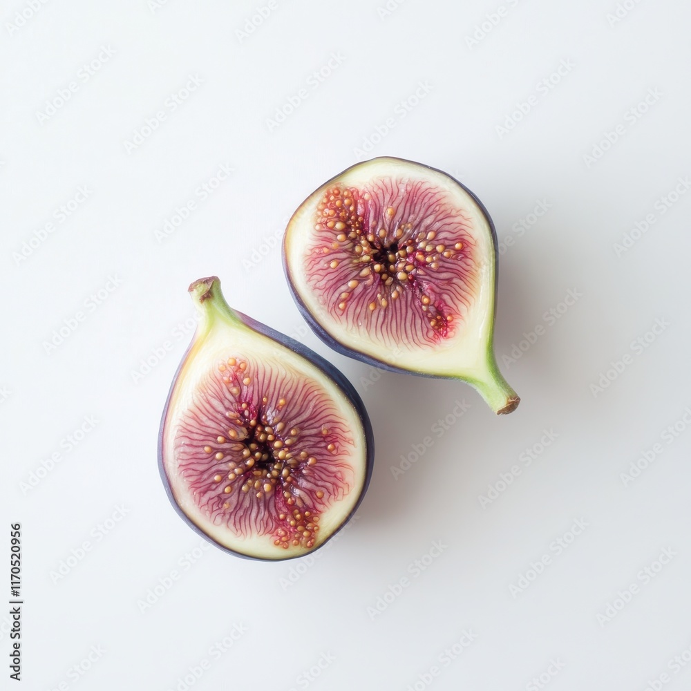 Poster fresh fig cut in half showcasing its vibrant interior and unique texture on a minimalist background