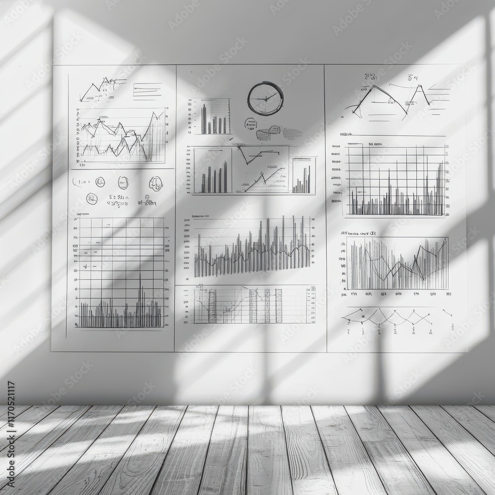 Poster Financial charts displayed on a wall in a modern office setting during daylight hours