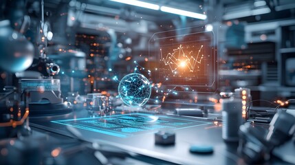 Obraz premium Quantum Computing Visualization Depicting the Interplay of Forces and Masses with Holographic Projection of Newton s Equations in a Futuristic High Tech Environment