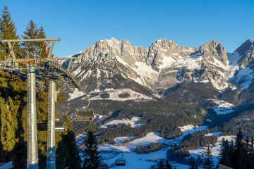 Ski lift at Astbergsee in Tyrol with the Wilder Kaiser in the background