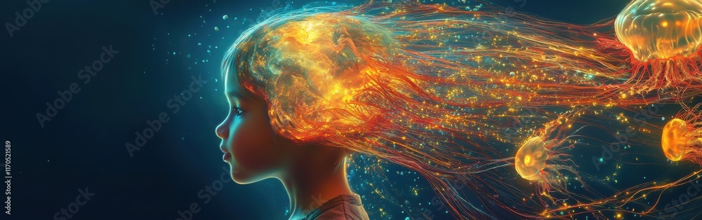 Poster serene profile of a child with vibrant jellyfish and ethereal light effects captured in a fantastica