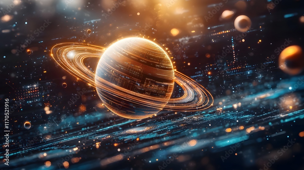 Poster Futuristic digital depicting a quantum algorithm simulating the motion of planetary bodies governed by Newton s laws of motion  The scene features glowing data streams and visualizations