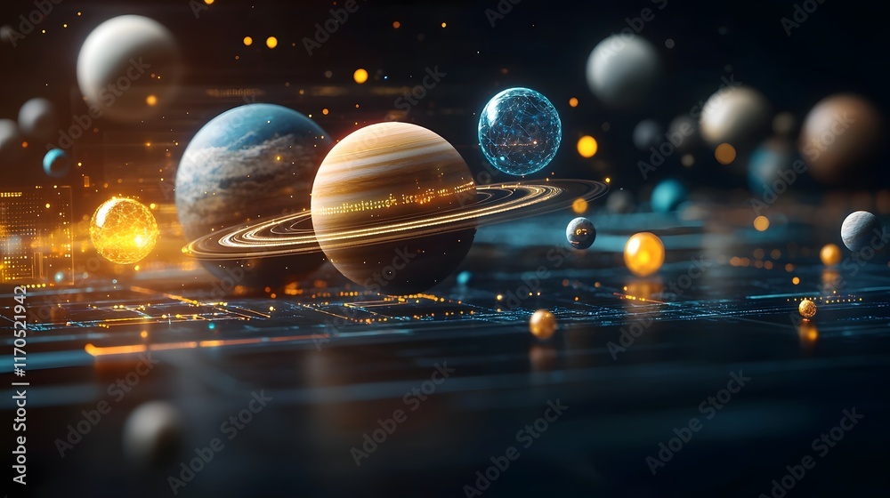Poster futuristic digital visualization of a quantum computing simulation showcasing planetary motion gover