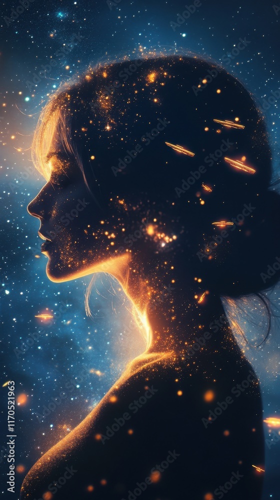Poster serene portrait of a glowing woman surrounded by cosmic elements in a tranquil setting