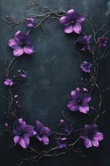 Fototapeta premium Gothic Floral Arrangement with Purple Flowers and Branches on Dark Grunge Background