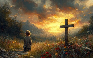 Child Kneeling in Prayer Before Wooden Cross in Golden Hour Light