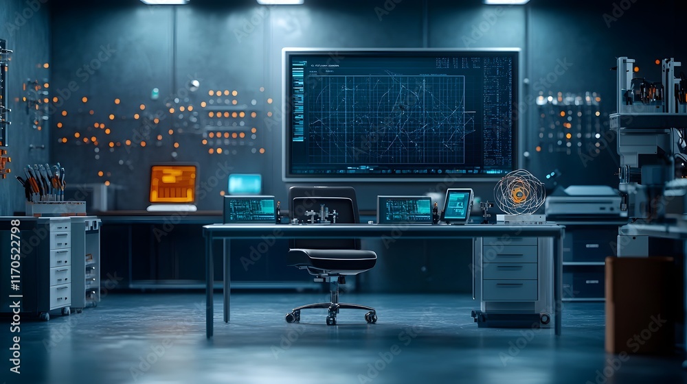 Poster a state of the art physics research laboratory where advanced quantum systems calculate and analyze 